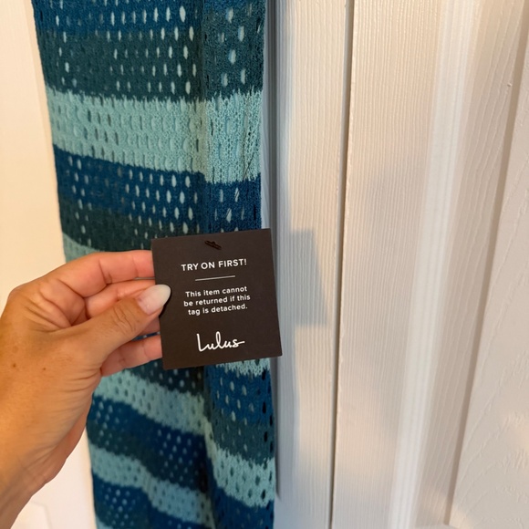 Lulus Picturesque Summer Teal Blue Striped Crochet Midi Dress - Size S - Picture 4 of 6